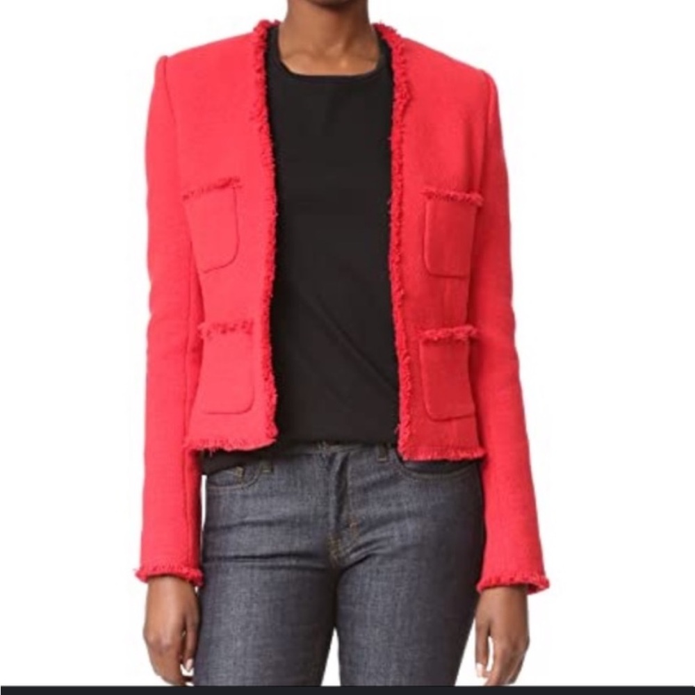 L’AGENCE womens red frayed tweed blazer 2 office business career